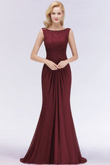 Mermaid Scoop Sleeveless Lace Burgundy Bridesmaid Dresses with Pleats-27dress