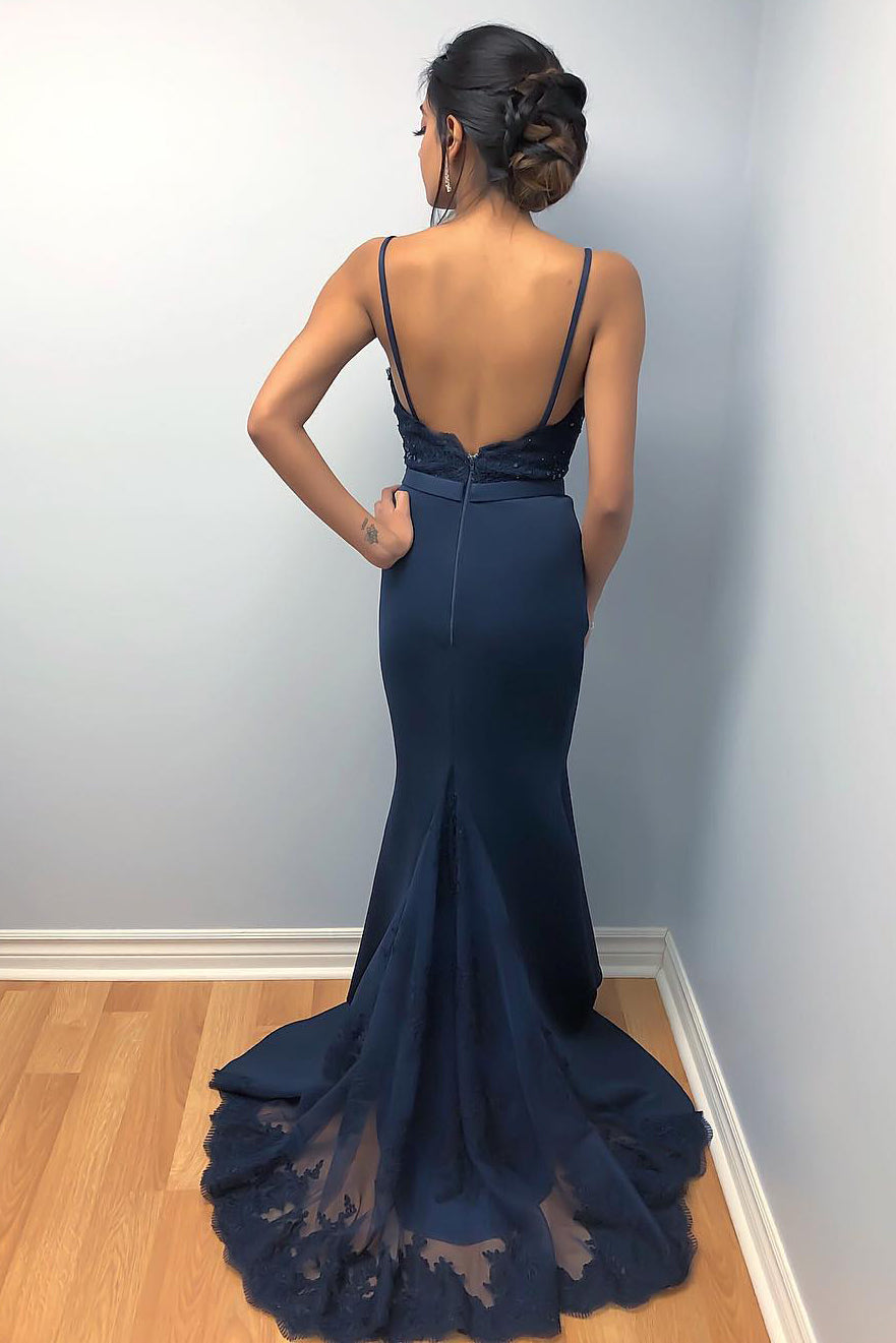 Mermaid Spaghetti Straps Beaded Dark Navy Prom Dress