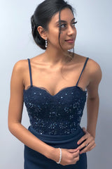 Mermaid Spaghetti Straps Beaded Dark Navy Prom Dress