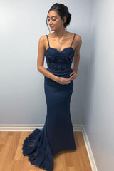 Mermaid Spaghetti Straps Beaded Dark Navy Prom Dress