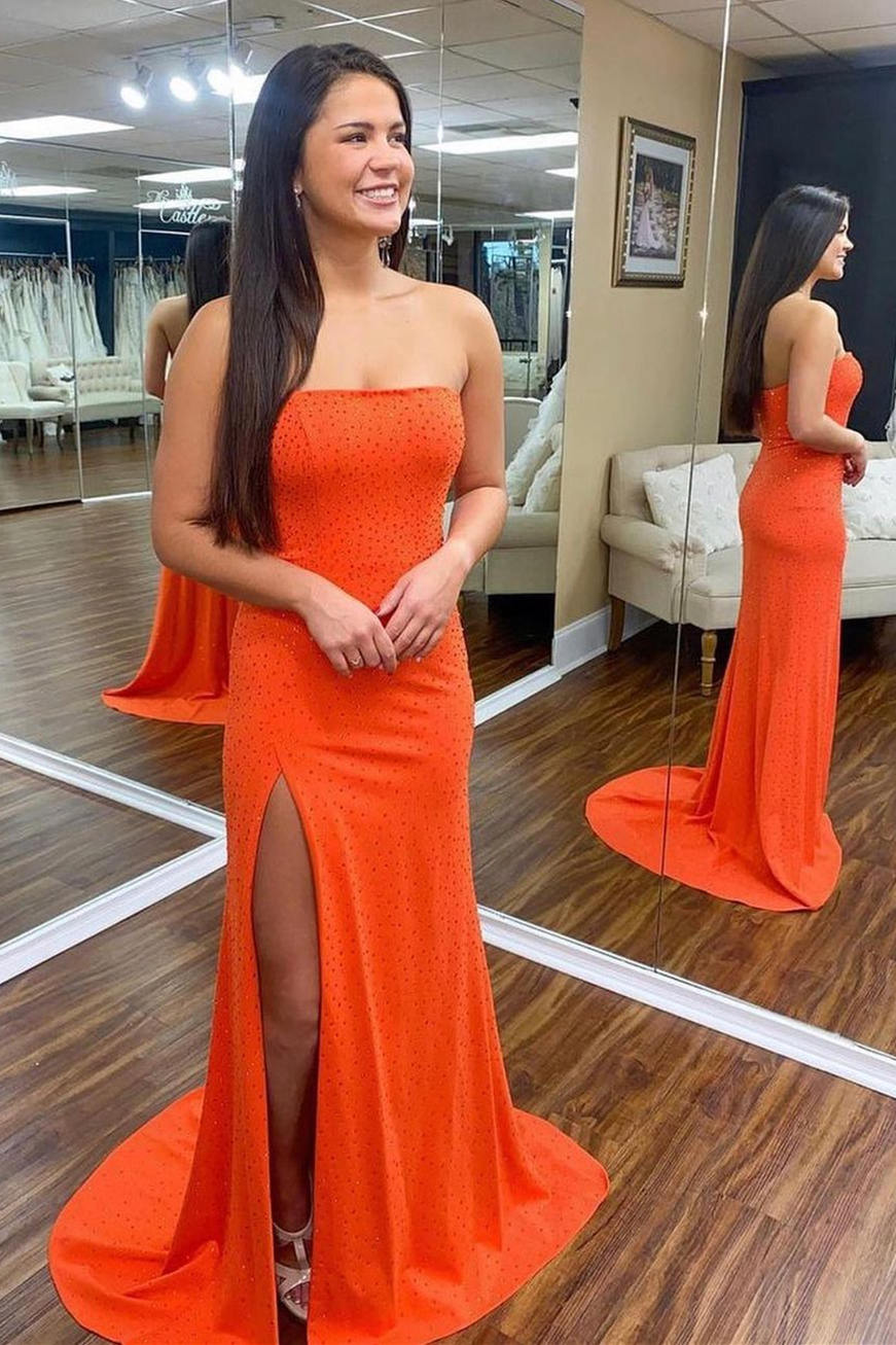 Mermaid Strapless Orange Long Party Dress