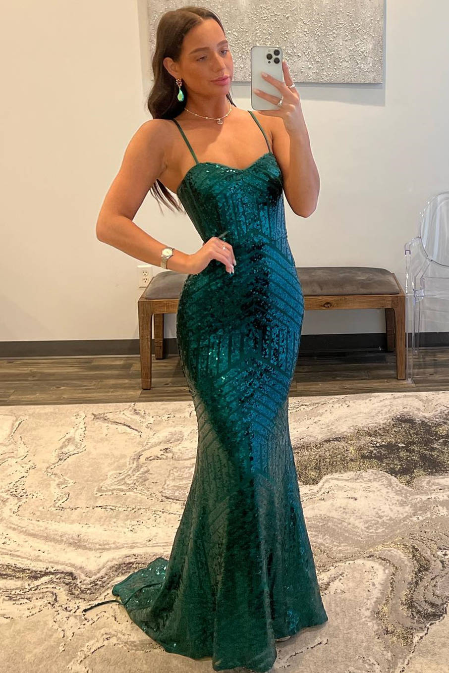 Mermaid Straps Dark Green Sequin Long Prom Dress