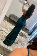 Mermaid Straps Dark Green Sequin Long Prom Dress