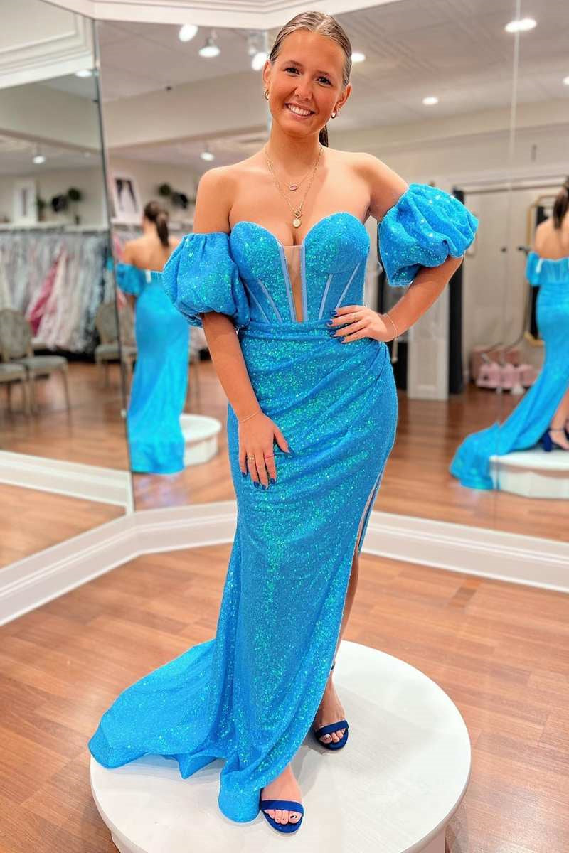 Mermaid Sweetheart Sequins Long Prom Dress with Detachable Sleeves