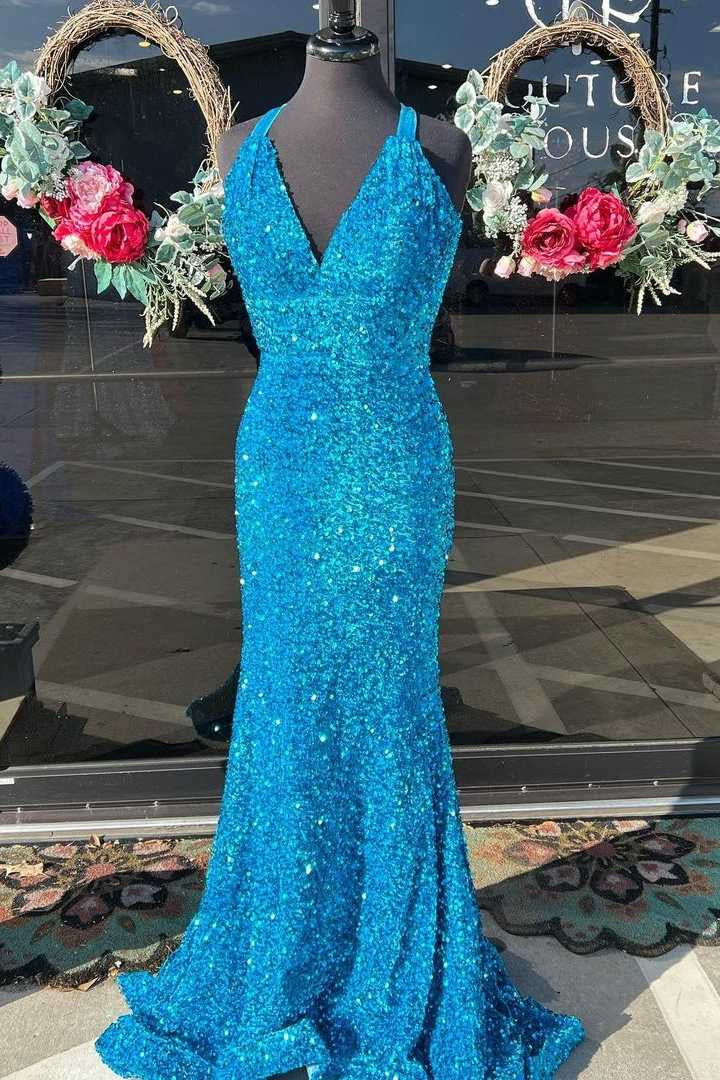 Mermaid V Neck Crossed Back Sequins Sweeping Long Prom Dress