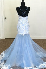 Mermaid V-Neck Lace Appliques Sky Blue Prom Dress