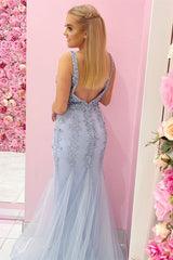 Mermaid V-Neck Light Blue Beaded Long Porm Dress