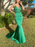 Mermaid V-neck Satin Prom Dress with Trumpet Sweep Train