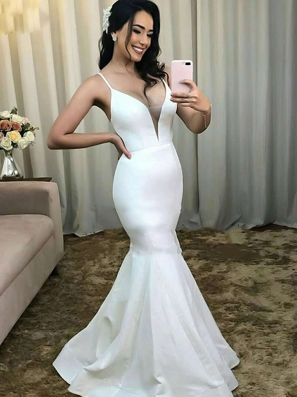 Mermaid V-neck Satin Sweep Train Wedding Dress for a Majestic Look