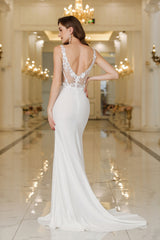 Mermaid V-Neck Sleeveless Backless Applique Wedding Dresses with Sweep Train-27dress