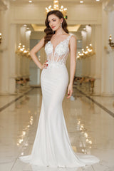 Mermaid V-Neck Sleeveless Backless Applique Wedding Dresses with Sweep Train-27dress