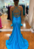 Mermaid V Neck Sleeveless Sweep Train Jersey Prom Dress with Pleated Trumpet-27dress