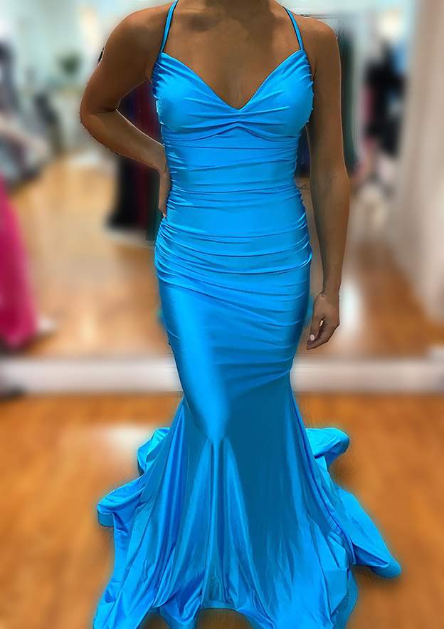 Mermaid V Neck Sleeveless Sweep Train Jersey Prom Dress with Pleated Trumpet-27dress