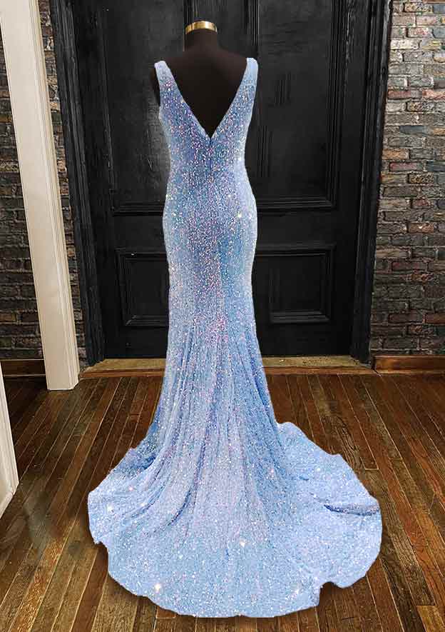 Mermaid V Neck Sleeveless Velvet Sequins Prom Dress with Sheath/Column Trumpet Sweep Train-27dress