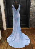 Mermaid V Neck Sleeveless Velvet Sequins Prom Dress with Sheath/Column Trumpet Sweep Train-27dress