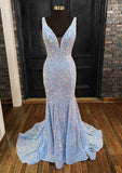 Mermaid V Neck Sleeveless Velvet Sequins Prom Dress with Sheath/Column Trumpet Sweep Train-27dress