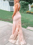 Mermaid V-Neck Sweep Train Satin Prom Dress with Lace-27dress