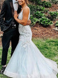 Mermaid V-Neck Tulle Prom Dress with Appliques and Sweep Train