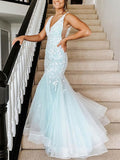 Mermaid V-Neck Tulle Prom Dress with Appliques and Sweep Train