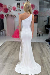 Mermaid White One Shoulder Beaded Long Formal Dress