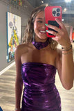 Metallic Purple Pleated Mini Homecoming Dress