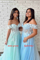 Mint Green Off the Shoulder A-Line Formal Dress with Appliques