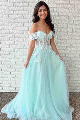 Mint Green Off the Shoulder A-Line Formal Dress with Appliques