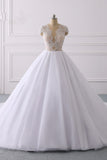 Modern Ball Gown Jewel Tulle Ruffles Lace Wedding Dress Appliques Short-Sleeves Bridal Gowns On Sale-27dress