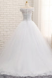 Modest Bateau Tulle Ruffles Wedding Dresses With Appliques A-line White Lace Bridal Gowns On Sale-27dress