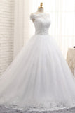 Modest Bateau Tulle Ruffles Wedding Dresses With Appliques A-line White Lace Bridal Gowns On Sale-27dress