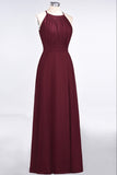 Modest Chiffon Jewel Ruffle Burgundy Long Bridesmaid Dresses Online-27dress