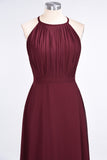 Modest Chiffon Jewel Ruffle Burgundy Long Bridesmaid Dresses Online-27dress