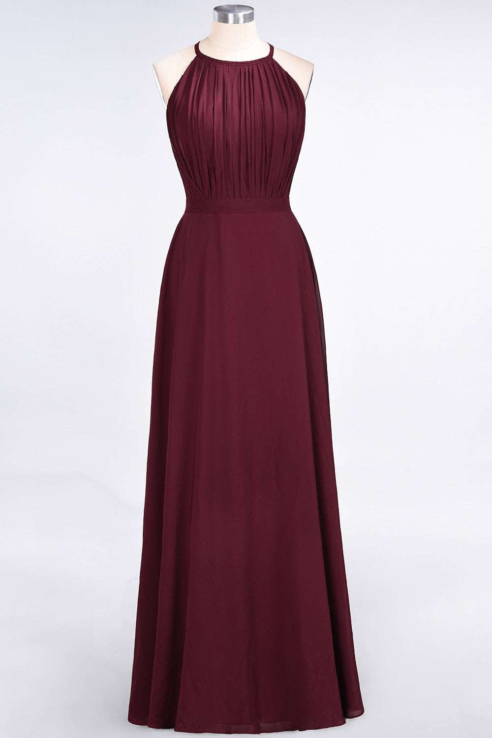 Modest Chiffon Jewel Ruffle Burgundy Long Bridesmaid Dresses Online-27dress