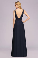 Modest Chiffon V-Neck Long Bridesmaid Dress Online with Beadings-27dress