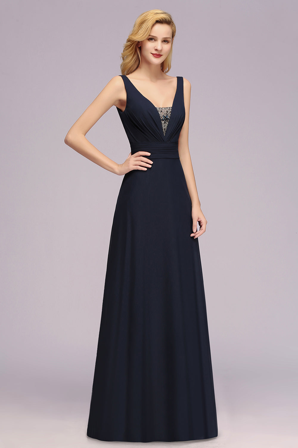 Modest Chiffon V-Neck Long Bridesmaid Dress Online with Beadings-27dress