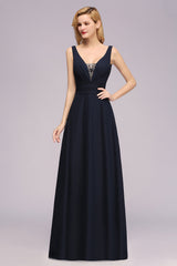 Modest Chiffon V-Neck Long Bridesmaid Dress Online with Beadings-27dress