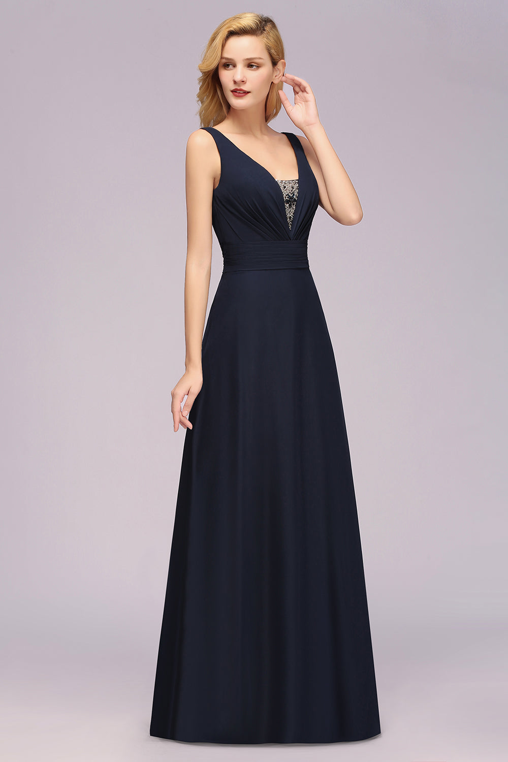 Modest Chiffon V-Neck Long Bridesmaid Dress Online with Beadings-27dress