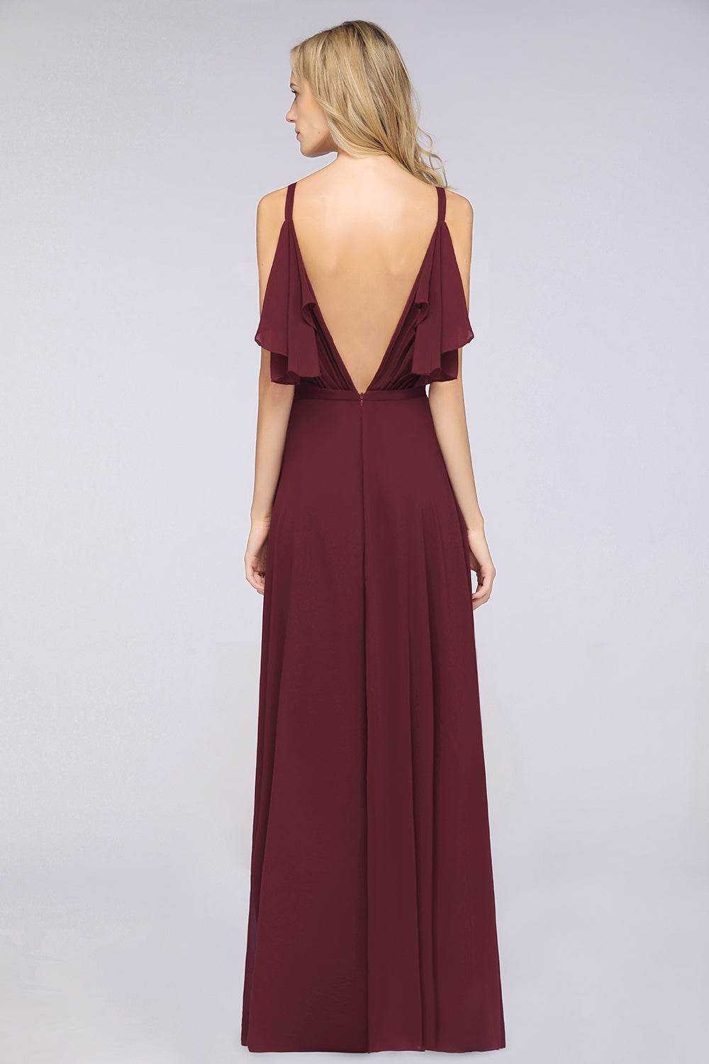 Modest Cold-shoulder Crinkle Chiffon Long Bridesmaid Dress with Pearls-27dress