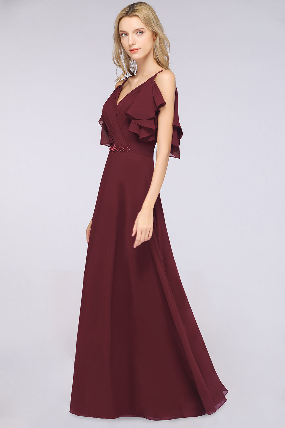 Modest Cold-shoulder Crinkle Chiffon Long Bridesmaid Dress with Pearls-27dress