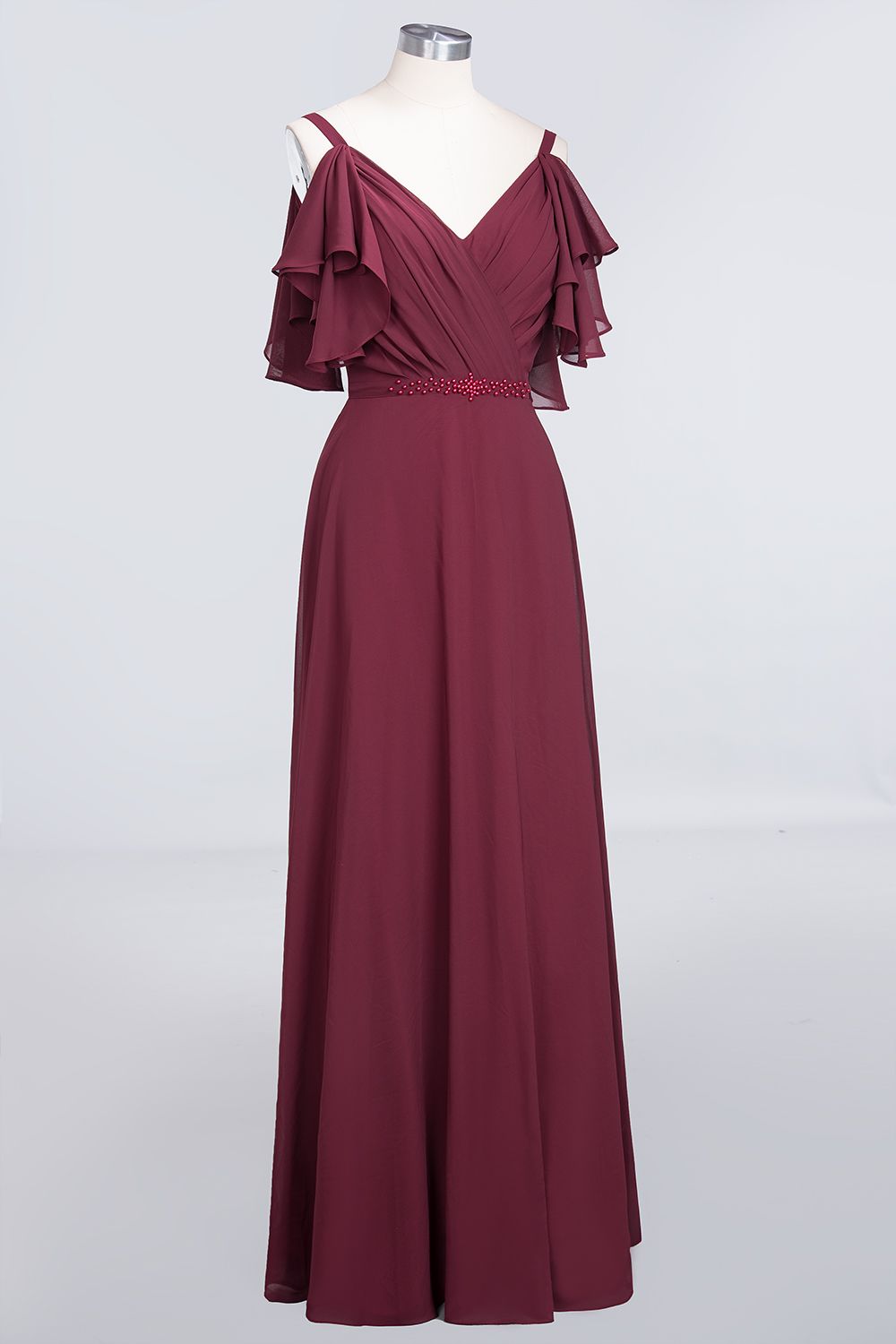 Modest Cold-shoulder Crinkle Chiffon Long Bridesmaid Dress with Pearls-27dress