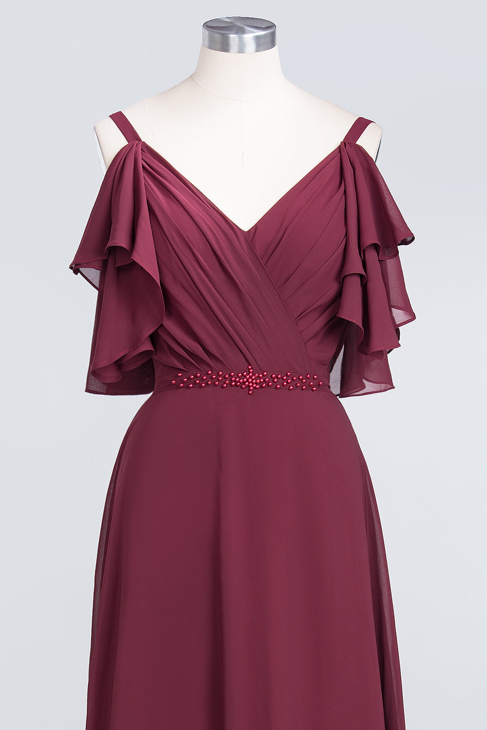 Modest Cold-shoulder Crinkle Chiffon Long Bridesmaid Dress with Pearls-27dress