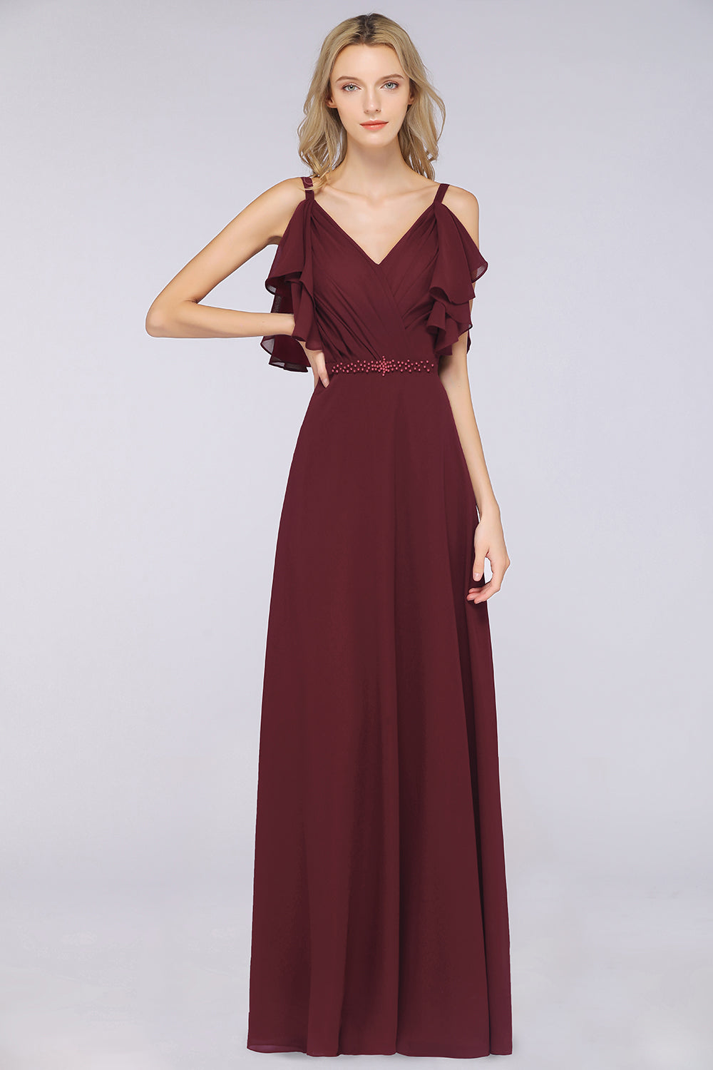 Modest Cold-shoulder Crinkle Chiffon Long Bridesmaid Dress with Pearls-27dress