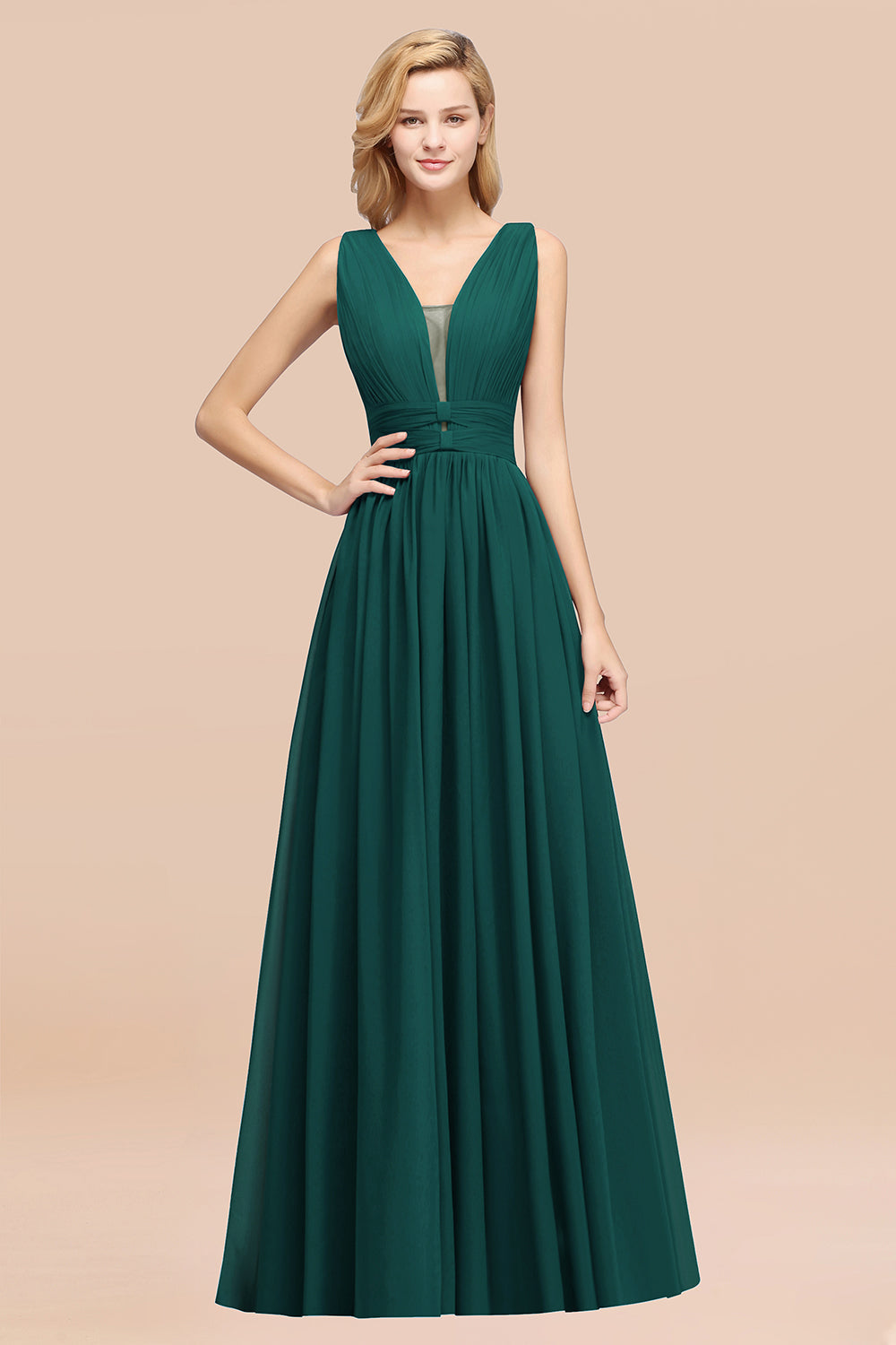 Modest Dark Green Long Bridesmaid Dress Deep V-Neck Chiffon Maid of Honor Dress-27dress