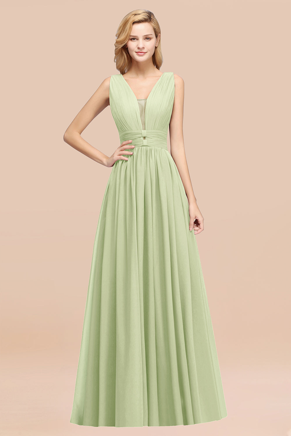 Modest Dark Green Long Bridesmaid Dress Deep V-Neck Chiffon Maid of Honor Dress-27dress
