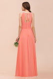 Modest Halter Ruffle Coral Chiffon Affordable Bridesmaid Dress Online-27dress