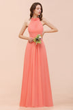 Modest Halter Ruffle Coral Chiffon Affordable Bridesmaid Dress Online-27dress