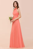 Modest Halter Ruffle Coral Chiffon Affordable Bridesmaid Dress Online-27dress