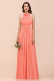 Modest Halter Ruffle Coral Chiffon Affordable Bridesmaid Dress Online-27dress