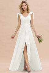 Modest Hi-Lo V-Neck Ruffle Long Bridesmaid Dress with Slit-27dress