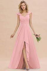 Modest Hi-Lo V-Neck Ruffle Long Bridesmaid Dress with Slit-27dress